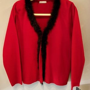 Red Sweater with Black Rabbit Fur Trim